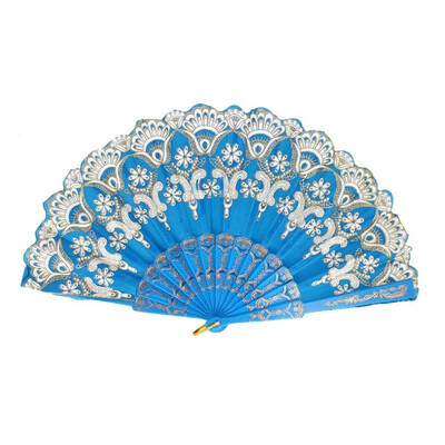 

UpperX Chinese Style Bling Flower Pattern Party Wedding Folding Hand Fan sky blue