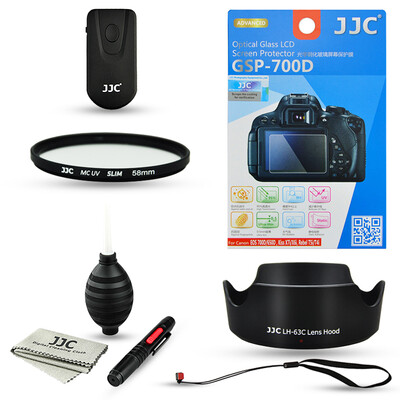 

JJC CD1E Canon 700D 750D + 18-55mm STM lens kit accessories tempered glass foil + hood + wireless remote control + 58mmUV filter + cleaning kit