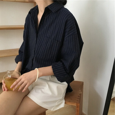 

2018 Summer Autumn New Korean Chic Loosen Vertical Stripe Linen Shirt Blouse