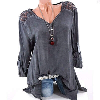 

S-5XL Fashion Womens Long Sleeve Solid Color Sleeve Lace V-neck Blouse Plus Size