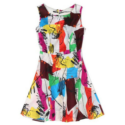 

Lovaru ™Summer New Designer Multicolor Sleeveless Short Dress Women's Fashion Graffiti Print Flare Dress