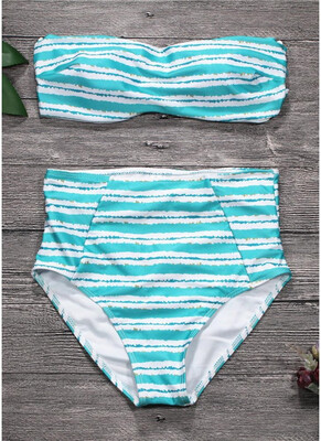 

2018 Women Strapless Swimsuit Striped Print Halter Bikini Set Beach Swimwear Bathing Suit