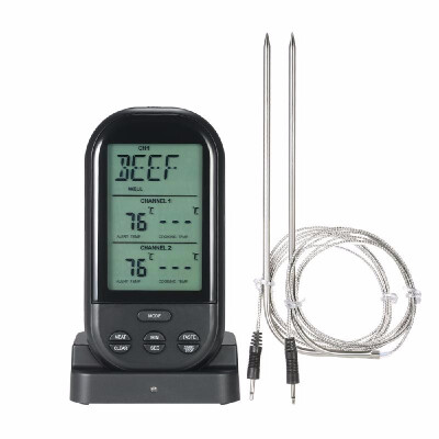 

Wireless Digital Food BBQ Cooking Thermometer Timer Backlight LCD Temperature Gauge with Transmission Dual Probes--Black