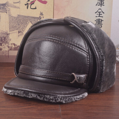 

2018 New Men Earmuffs Genuine Leather Faux Fur Baseball Caps Thicken Warmer Winter Male Flat Hats Real Cowhide Gorras B-7278