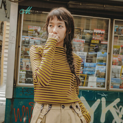 

INMAN 2018 autumn new wild striped half-high collar comfortable long-sleeved shirt T-shirt female 18830VP21027 pink