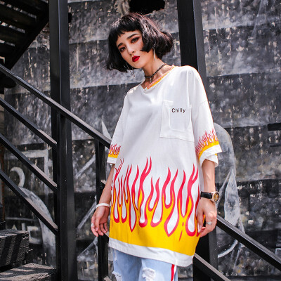 

2018 Womens Fire Flame Print T Shirt Loose Large Size Oneck Tide Hip Hop Fashion Summer T Shirt