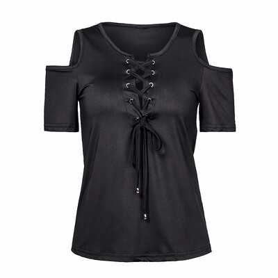 

Womens Short Sleeve Cold Shoulder Deep V Low-Cut Lace-up Tees Strappy tunic Sexy tops