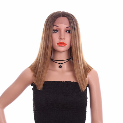 

14inch Blunt Cut Bob Wig Yaky Straight Synthetic Wigs For Women Swiss Lace Front Hair Wigs And T Part Wig