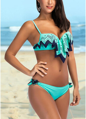 

2018 Women Bikini Two Piece Set Ruffle Overlay Self Tie Padded Push Up Swimsuit