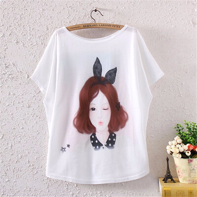 

Vintage Spring Summer Digital Printing Girl Womens Loose Short Batwing Sleeve T-shirt