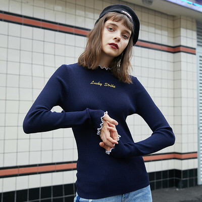 

PASS Tide brand 2018 new autumn simple letter set head hair sweater female Slim was thin knit pullover jacket tide 68303PA23011 Tibetan blue S