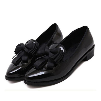 

loafer for women casual pointed toe slip on bowtie tassel block chunky heel boat shoes patent leather wine red black