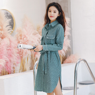 

Yu Zhaolin 2018 autumn new Korean version of loose students wild striped long shirt skirt female YWQZ8160 green M