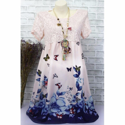 

New Fashion Women Lace Patchwork Short Sleeve Floral Print Dress Vintage Plus Size Midi Dress