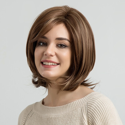 

BLONDE UNICORN 12 Inch Short Straight Synthetic Hair Wigs with Bangs Light Brown Temperature Fiber Artificial Wig for Women
