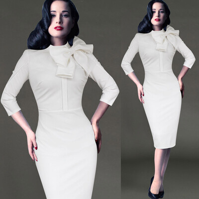 

2016 New Womens Elegant 1950s Vintage Pinup Retro Rockabilly 34 Sleeve Bow Party Work Sheath Bodycon Wiggle Pencil Dress