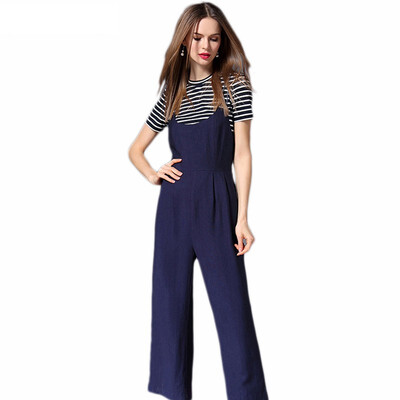 

2018 Summer New College Style Striped T-shirt Suspender Wide Leg High Waist Pants Female Fashion Two Piece Suit