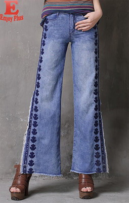 

M L cotton vintage new summer 2018 women jeans long pant blue embroidery casual wide leg denim trousers