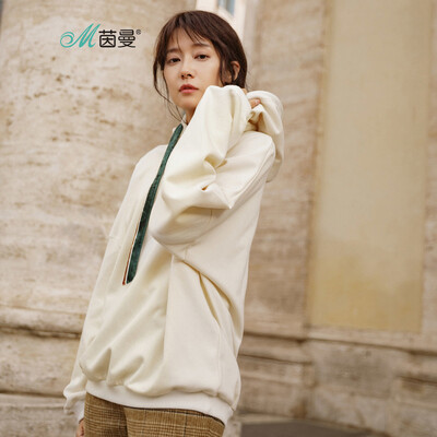 

INMAN 2018 autumn new hooded drawstring loose shoulder long sleeve fashion casual sweater female 18830VP82226 beige white