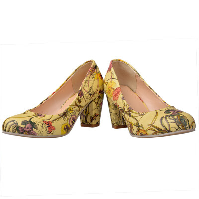 

IDIFU Womens Elegant Floral Print Round Toe Low Cut Wide Width Work Shoes Block Heel Pumps