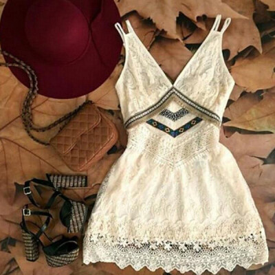 

Lovaru ™Elegant Women Lace Crochet Solid White Slim Casual Dress Sleeveless Spaghetti Strap Deep V-Neck Abone Knee A-Line Dress