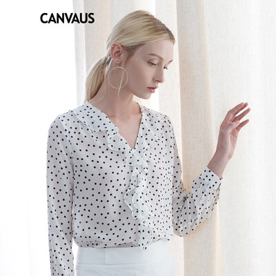 

CANVAUS New Spring Autumn Womens Clothing Silk Blouse Slim Casual Office Lady V-neck Ruffled Long-sleeve Shirt Tops