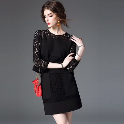

2018 New Spring Hit Color Stitching Lace Long-sleeved T-shirt Mini Skirt Two Piece Set Women