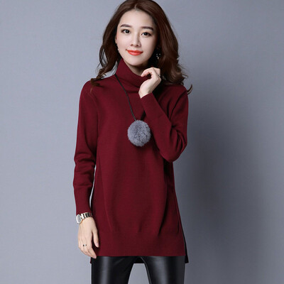 

Silk cypress 2018 autumn&winter clothing new womens high collar simple elegant temperament base long solid color sweater S84W0001MA3M wine red
