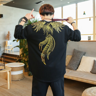 

Chinese style big size autumn phoenix print long sleeve trouser suit
