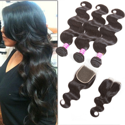 

Glary Wholesale Indian Virgin Human Hair with Closure Body Wave 100 Unprocessed Hair Wefts 3 Bundles with Closure Natural Black