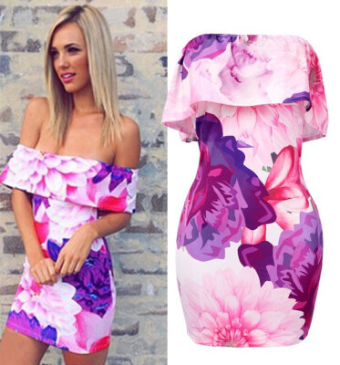 

Stylish Lady Sexy Womens Off-shoulder Backless Boat Neck Bodycon Mini Floral Print Dress