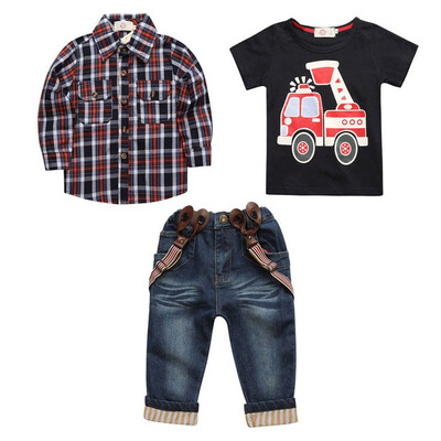 

3 PCS Suits Kids Boys Clothes Sets Cotton Child Plaid ShirtCar T-shirtJeans Spring Autumn Children Boys Sets Children Clothing