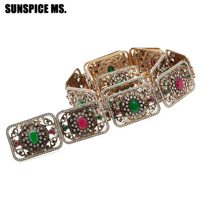 

New Turkish Women Hollow Vintage Wide Waist Chain Belt Antique Gold Color Colorful Resin Waistband Ethnic Wedding Jewelry 2018