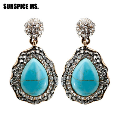 

New Bohemia Vintage Dangle Earrings For Women Natural Stone Full Crystal Ethnic Wedding Water Drop Earrings Turkish Brand Design