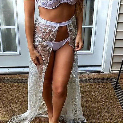 

Womens Glitter Crochet Lace Swimwear Summer Beach Dress Bikini Cover Up Dress E