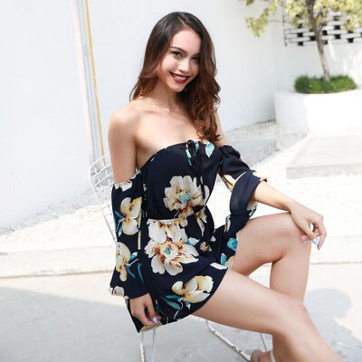 

TPEHA Women Slash Neck Floral Print Backless Horn Sleeve Summer Sexy Beach Seaside Playsuits Bandage Jumpsuit Rompers