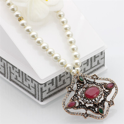 

Exquisite Turkish Resin Beads Pendant Necklaces For Women Party Ethnic Jewlery Gifts Antique Gold Color Long Sweater Chain 2018