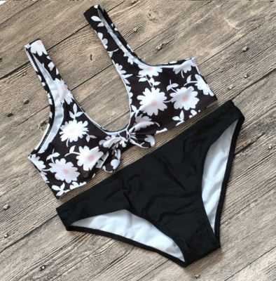 

2018 Sexy Print Vest Women Bikinis Set Strap Swimsuit Women Mid Waist Swimwear Front Tie Knot Biquini Bathing Suit