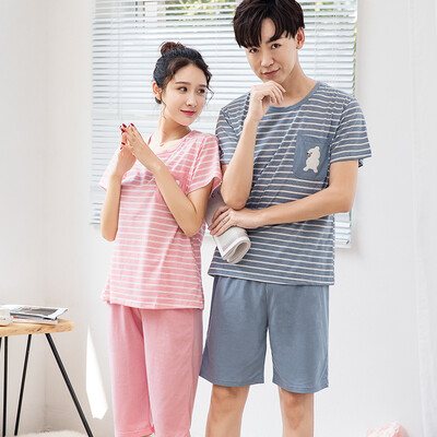

Dings grid summer couple pajamas short-sleeved Korean mens&womens home service suit J4832J4833 pink female models womens L code