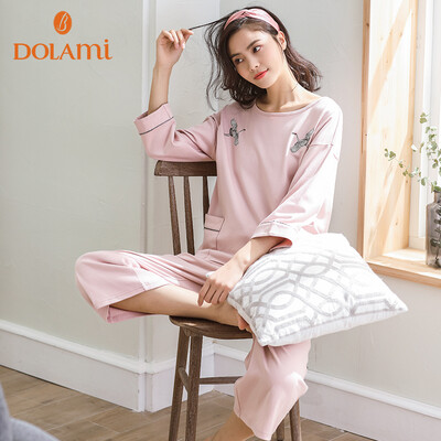 

Doramei DOLAMI new pajamas womens summer thin section nine points sleeve nine pants home service ladies loose wide leg pants suit round neck spring&autumn DL812004 Bao blue M