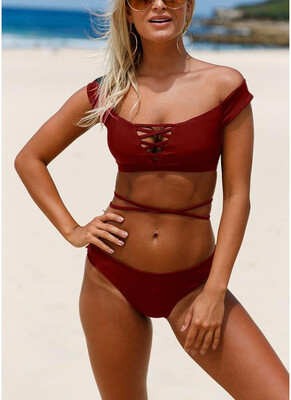

2018 Women Tankini Swimsuits Lace up Padded Wireless Two Pieces Bikini Set Swimwear