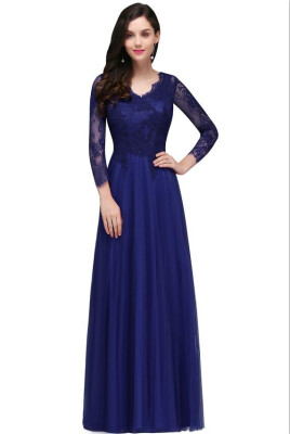 

Sexy V Back Long Sleeve Lace Evening Dresses 2018 Chiffon Evening Gowns