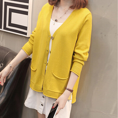 

JOY OF JOY 2018 autumn new solid color Korean V-neck single-breasted knit cardigan fashion loose temperament shirt female JWYC187239 yellow one size