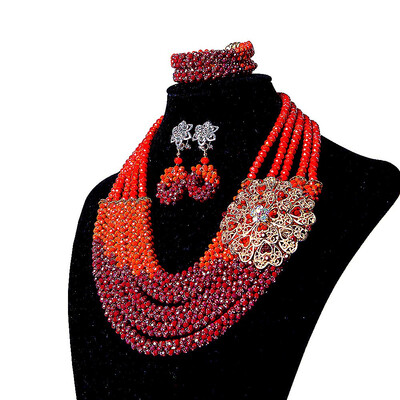 

AMYNOVA Orange 5 Strands Crystal Beaded Bridal Nigerian Wedding Beads African Beads Necklace Jewelry Set for Women