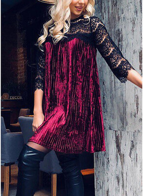 

Sexy Women Lace Crushed Velvet Mini Dress Lace Splicing Half Sleeve Evening Party Cocktail Shift Dress