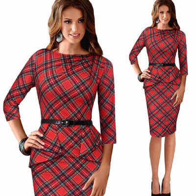 

2016 New Womens Vintage Elegant Belted Tartan Peplum Ruched Tunic Work Party Cap Sleeve Bodycon Sheath Dress