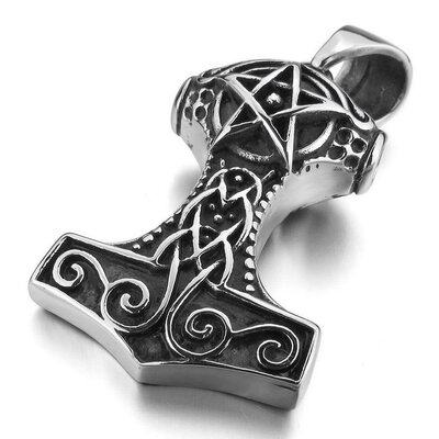 

Hpolw Mens Silver Black Stainless Steel Casting Lion Thors Hammer Amulet Mythical Pendant with 23 inch Chain