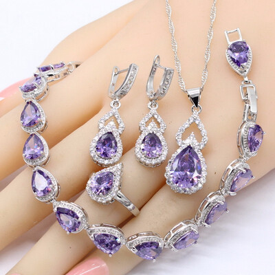

Pear Shape Purple Amethyst 925 Silver Jewelry Sets For Women Bracelet Earrings Necklace Pendant Rings