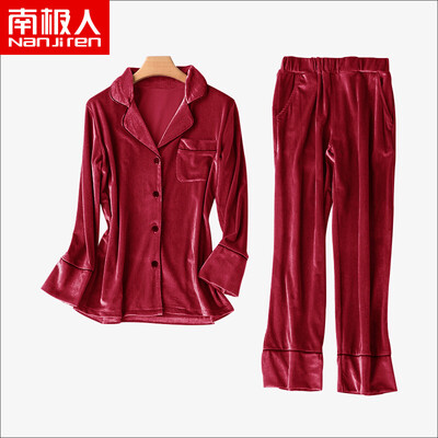 

Antarctic Nanjiren pajamas female spring two-piece sexy Korean female pajamas fresh students velvet female long-sleeved autumn&winter pajamas brown red