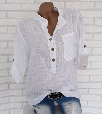 

Womens Fashion V-neck Pure Color Blouse Rolled Long Sleeve Tops
